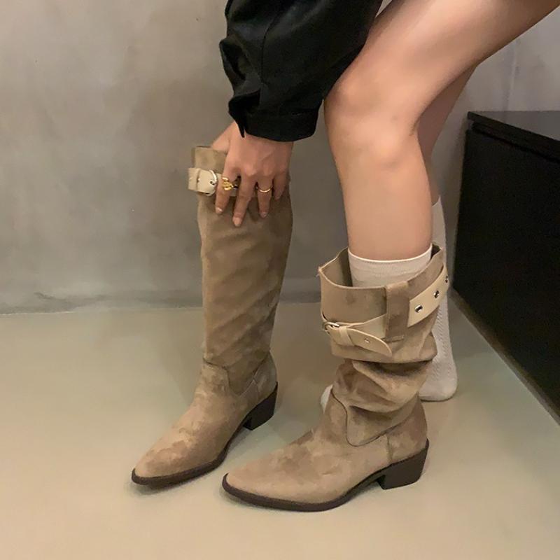 Retro Pleated Belt Buckle Women High top Fashion Thick Heels Pointed Toe Autumn Winter Slip on Long Botas Para Mujer