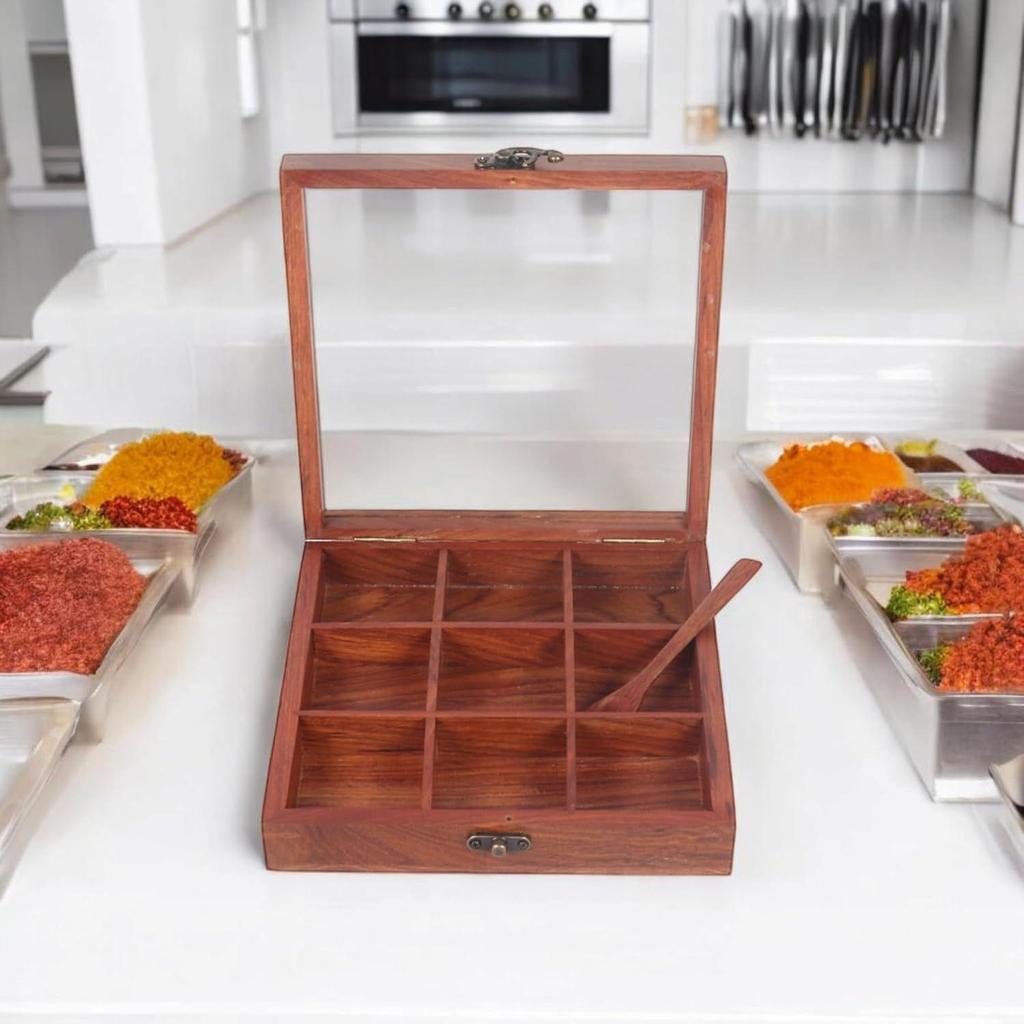 Wooden Spice Box With 9 Partitions & Spoon, Spice Container For Kitchen, Masala Dabba, Namakdani For Kitchen, Wooden Masala Box,