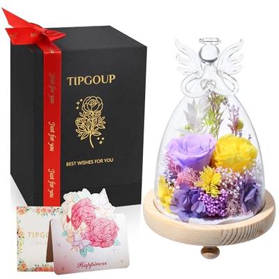 Preserved Flowers, Birthday Gift for Women, Large Angel Glass Dome, Never-Dying Purple-Yellow Roses, Popular Gift for White Day, Respect for the Aged