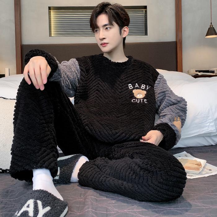 Men's Winter Coral Fleece Pajamas: Outdoor Wearable, Thickened Flannel, One-Piece Home Clothing