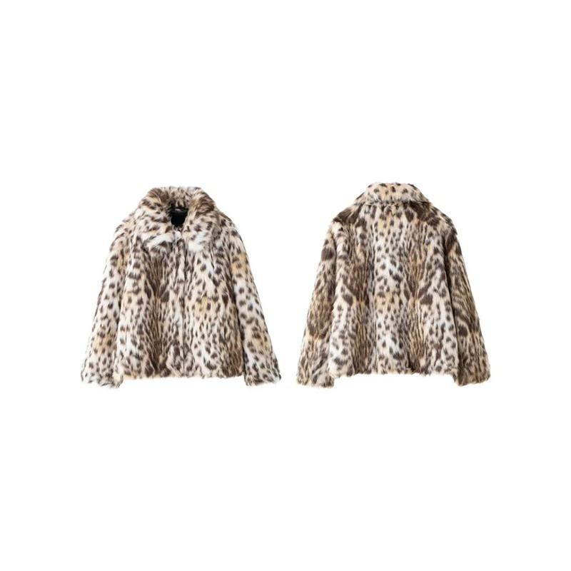 Leopard Faux Fur Coat Women Short Autumn Winter Plush Stand Collar Panelled Jacket Female Warm Stylish Outerwears Lady Casual