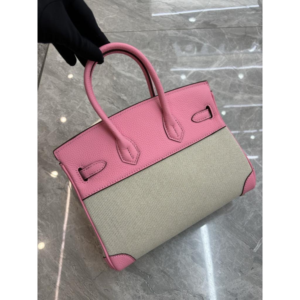 2026 new first-layer lychee pattern cowhide with linen canvas platinum bag genuine leather handbag European and American messenger bag bag