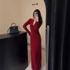 Minimalist Early Autumn Fashion Wear with Red V-neck Knitted Dress Slim Temperament with Coat Dress