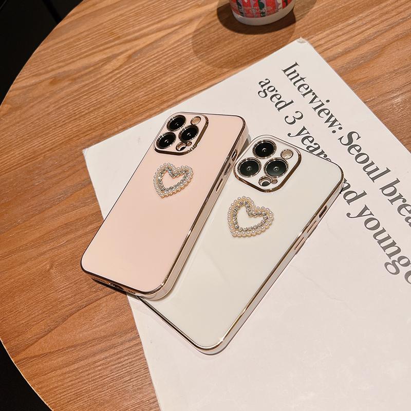 Ins Plating Couple Pearl Diamond Soft Silicon Phone Case For Iphone 13 Pro Max Mini 12 11 7 8 Plus X Xs Xr Se 2 Heart Love Cover