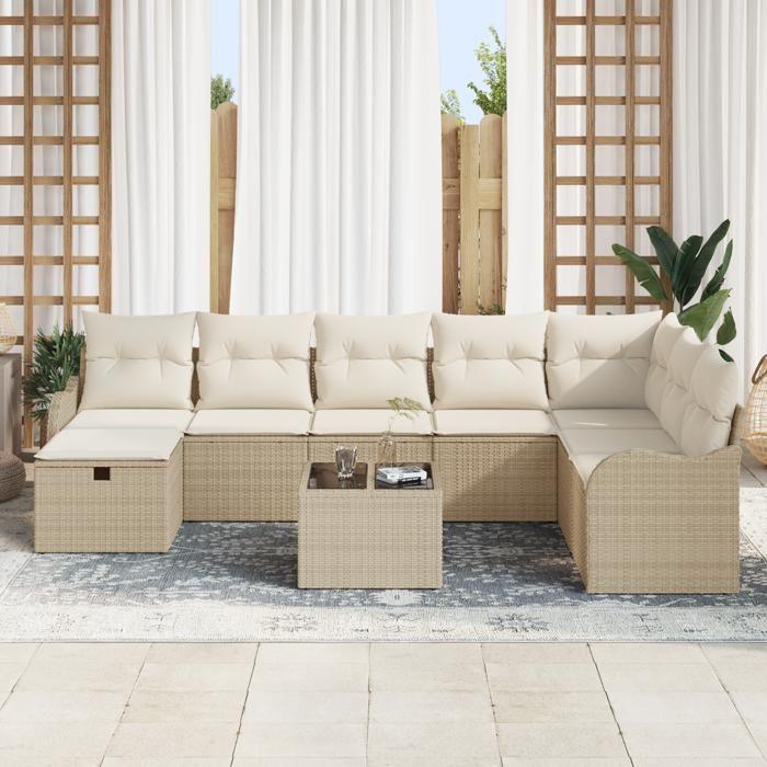 Ensemble de canapés de jardin 9 pièces avec coussins beige poly rattan, Canapé de jardin 2 places avec coussins beige poly 3359040