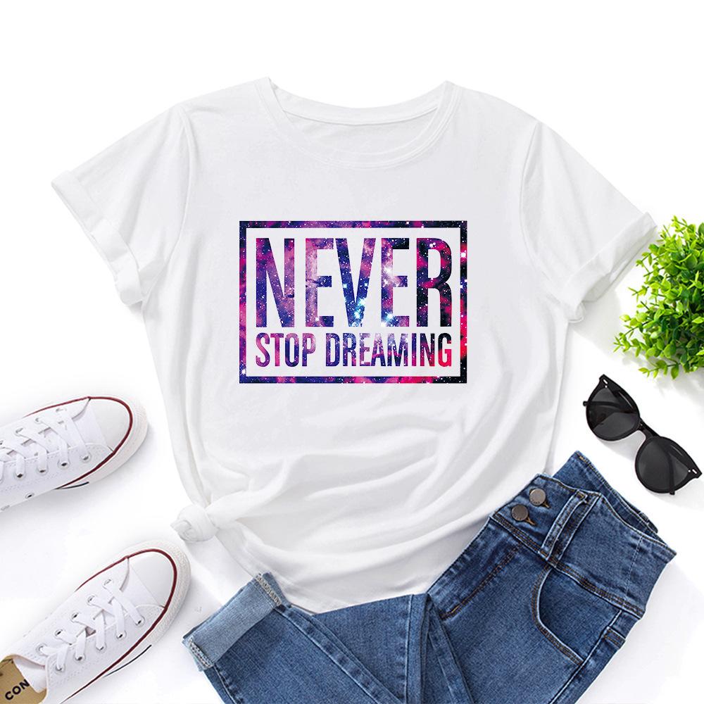 Inspirational Letter Print Cotton Loose Round Neck Short Sleeved Women's T-shirts