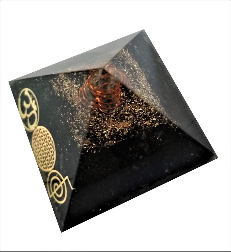 Purpledip Black Tourmaline Orgone Pyramid with Reiki Symbols and Crystal Quartz Energy Rod: Good Luck Healing Charm, Divine Spiritual Crystal Sto