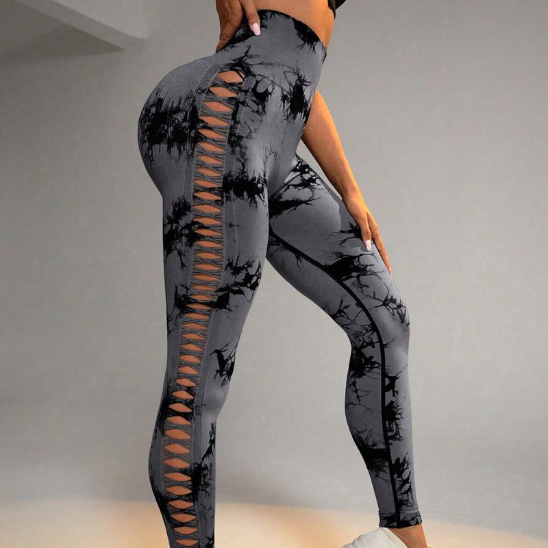 Hollow Out Breathable Tight Fitting Sports Yoga Leggings Pants Women High Waist Hip Lifting Fitness Legging Pants Ladies Tie Dye Slim Yoga Pants 25606