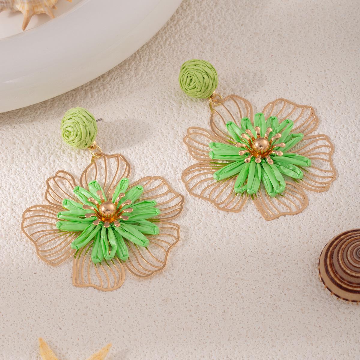 European Bohemian Raffia Flower Earrings: Handmade, Woven, Vacation-Style Ear Jewelry for Women