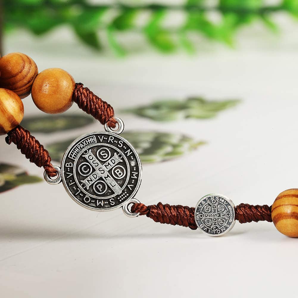 Rosary Beads Catholic Wood Cross Necklace Car Rearview Mirror Decor