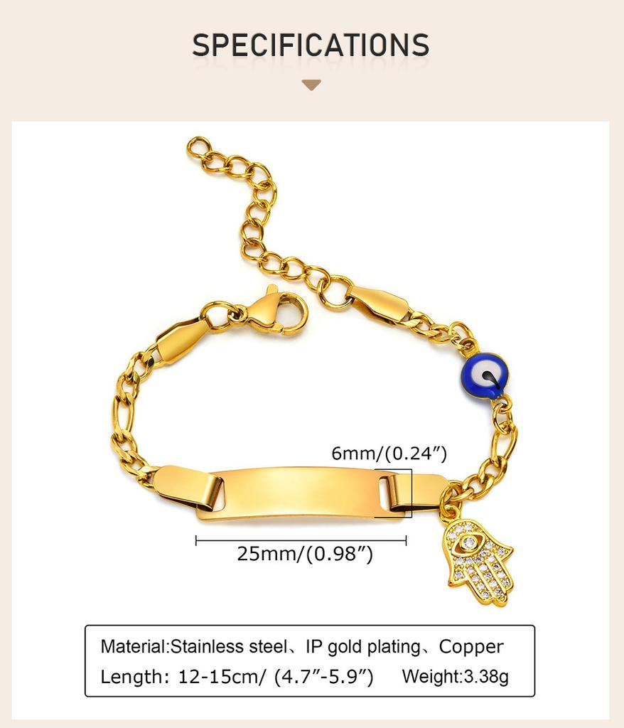Hamsa Evil Eye Chain Bracelet for Little Boy Girl, Engrave Customized Name Bracelet, Hand of Fatima Lucky Jewelery