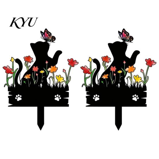 Lawn Animal Silhouette Acrylic Kitten Garden Stake, Decorative Yard Sculpture with Flowers And Outdoor Ornament Butterflies, Waterproof Cat