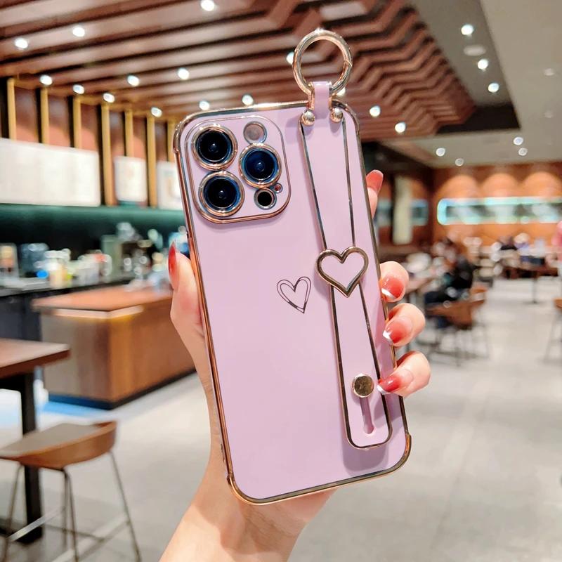 

Soft Love Heart Wrist Strap Case For For Iphone 16 15 14 13 12 11 Pro Max X Xs XR Max Plus Hand Band Cases Cover For iPhone Xs Max