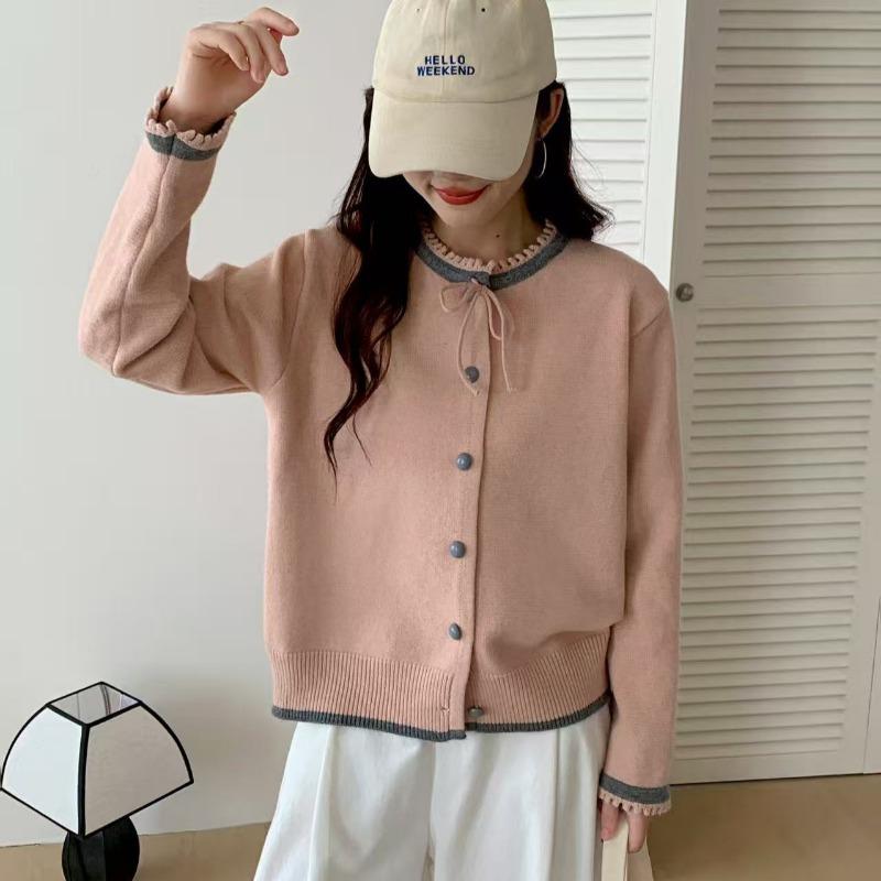 Autumn and Winter New Lace Neckline Lace-up Sweater Jacket Women's Knitted Cardigan Soft Waxy Short Top