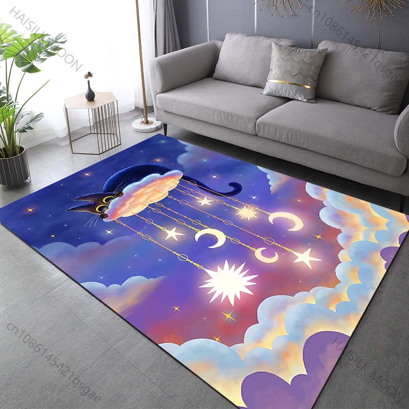 Multiple sizes Cat on cloud with moon stars Print Carpet Rug for Living Room Bedroom Sofa Doormat Home Decor Non-slip Floor Mat