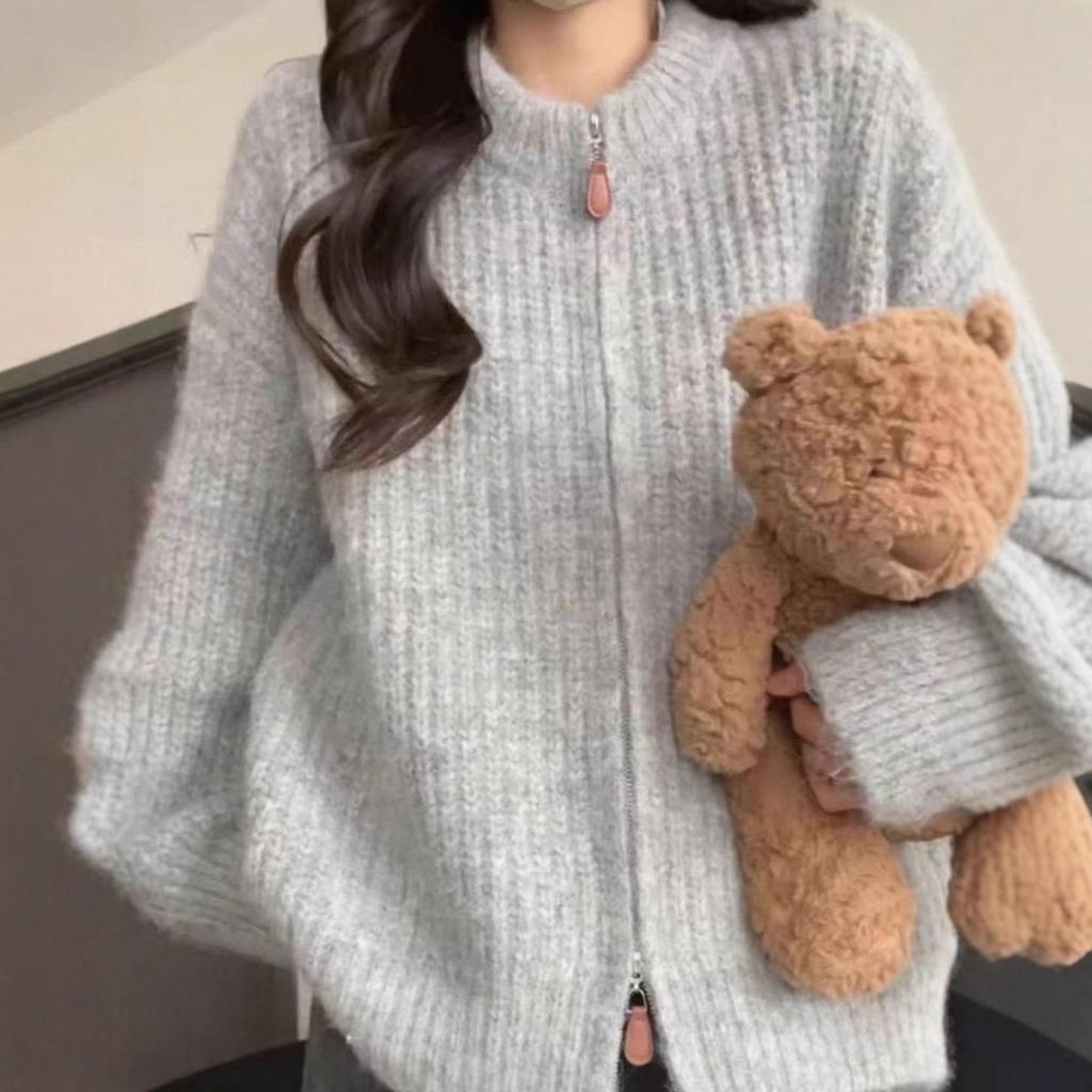 Petite Women's Korean Style Zip-Up Knit Sweater Coat - Autumn/Winter Loose Solid Color Cardigan