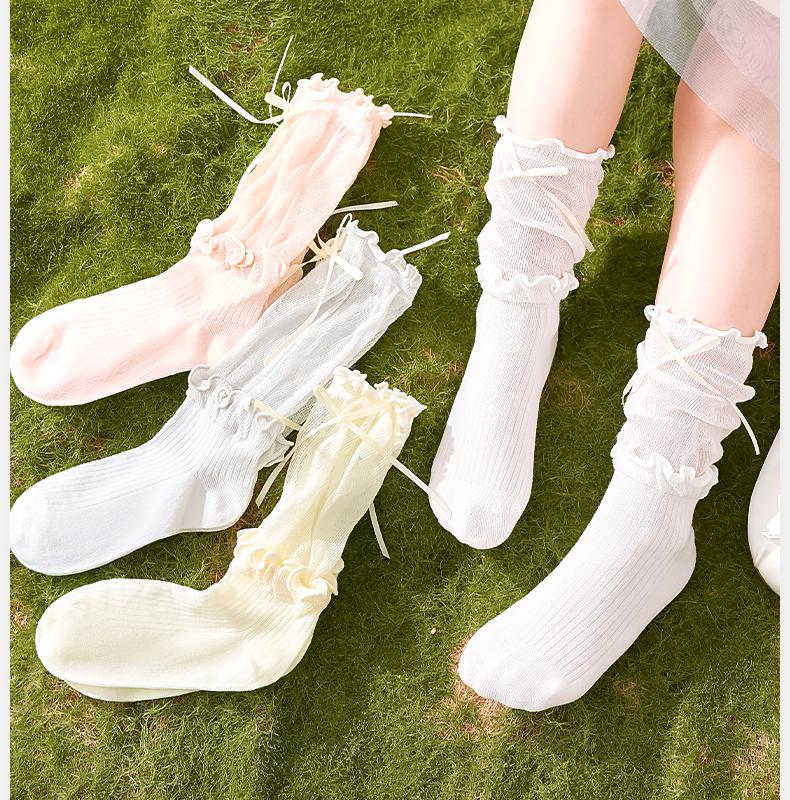 Girls' socks, summer pure cotton princess mesh socks, children's spring and summer high tube pile socks, girls' lace long tube cotton socks