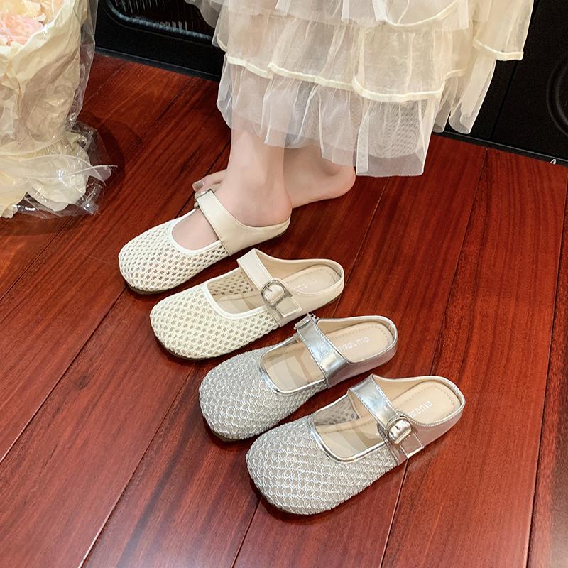 Women's Baotou Shallow Mouth Mesh Cloth Breathable Metal Buckle Soft Sole Anti-slip Wear-resistant Flat Shoes