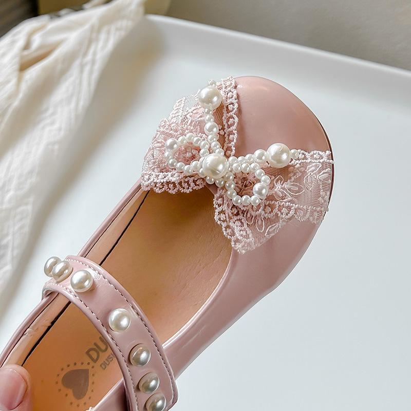 Girls Leather Shoes Mesh Lace Bows Kids Princess Shoes Round Toes Non-slip 2025 New Girls Flat Shoes Sweet Ins Trendy Soft Sole