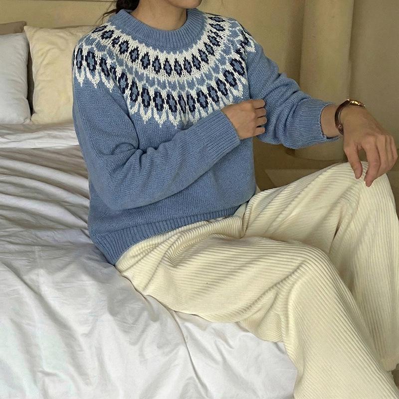 2026 Retro Ethnic Style Fair Isle Knit Sweater – Women's Loose Long Sleeve Round Neck