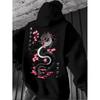 Black Dragon Cherry Blossom Print Hoodie Loose Drop Shoulder Unisex Pullover Sweatshirt Couples Winter Casual Wear