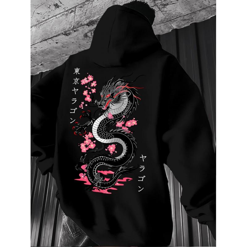 Black Dragon Cherry Blossom Print Hoodie Loose Drop Shoulder Unisex Pullover Sweatshirt Couples Winter Casual Wear