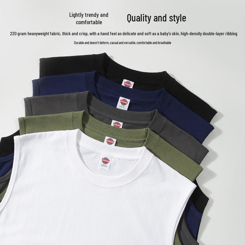 Men's 220g Pure Cotton Sleeveless Japanese T-Shirt with Print - Trendy Solid Color Vest