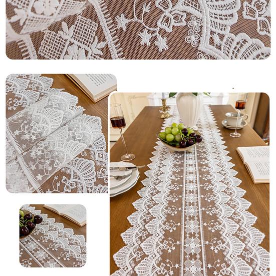 Table Runner Decorative Tulle Tablecloth with Tassel Banner Handcrafted Elegant Lace Strip Cloth for Dining Table Coffee Table TV Cabinet