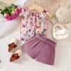 Children's Clothing New Summer Lace Floral Print Top and Shorts Set for Girls 3-7 Years Old