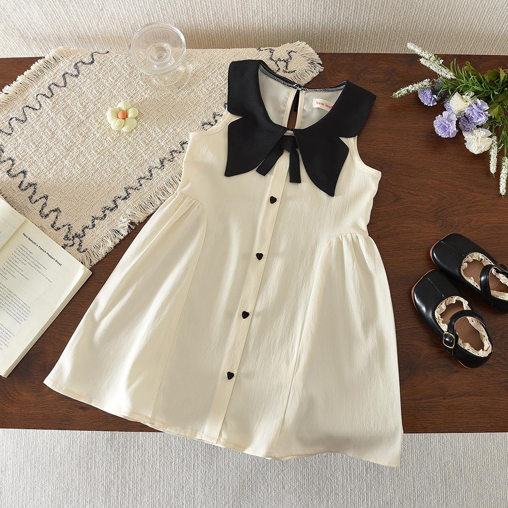 Girls Summer Sleeveless Collar Dress Elegant Tweed Princess Party Dress For Kids Casual Outdoor Wear 100cm бежевый