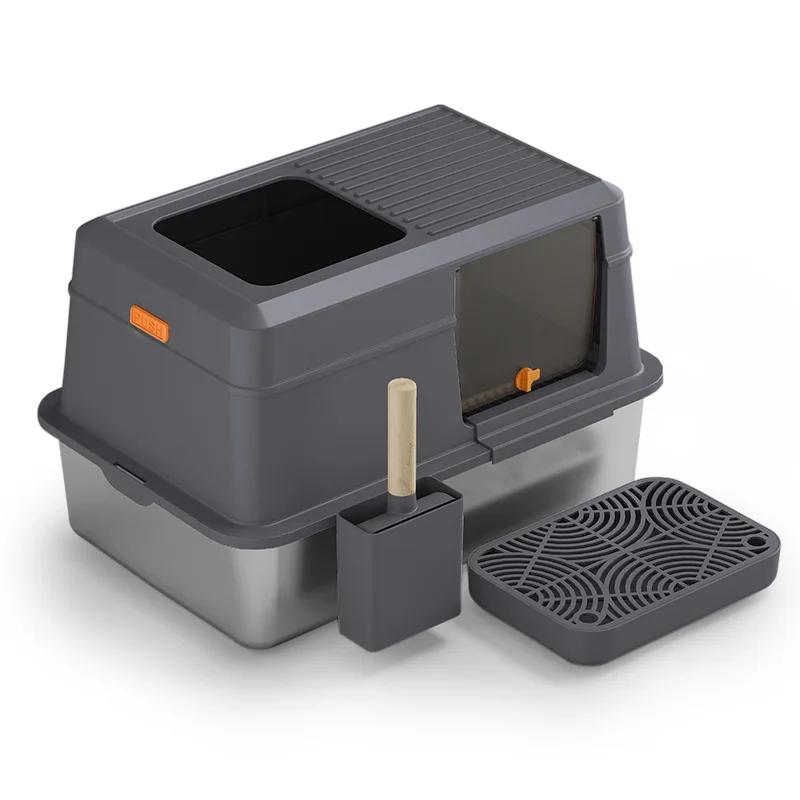Fully Enclosed Cat Litter Box Stainless Steel Large Size Cats Litter Boxes Top Entry Open Exit Cat Toilet Scoop Pet Supplies