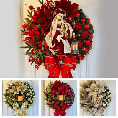 Jesus Christmas Wreath Vintage Eye-catching Decorative Nativity Wreath Snowball Red Berry Pine Cone Garland for Garden