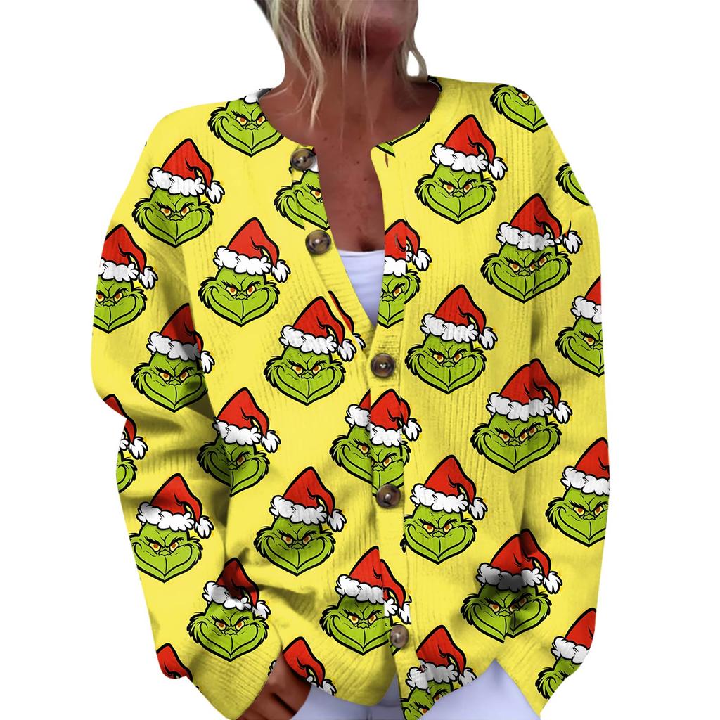 Women's Fashion Christmas Printed Long Sleeve Knitted Cardigan Button Down Jacket