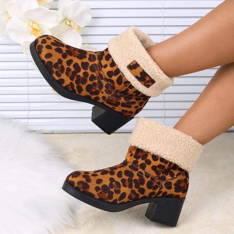 fashion Ladies Shoes 2024 Brand Slip-on Women's Boots New Leopard Print  Casual Boots Women Winter Plus Size Short Plush Mid-Calf Boots