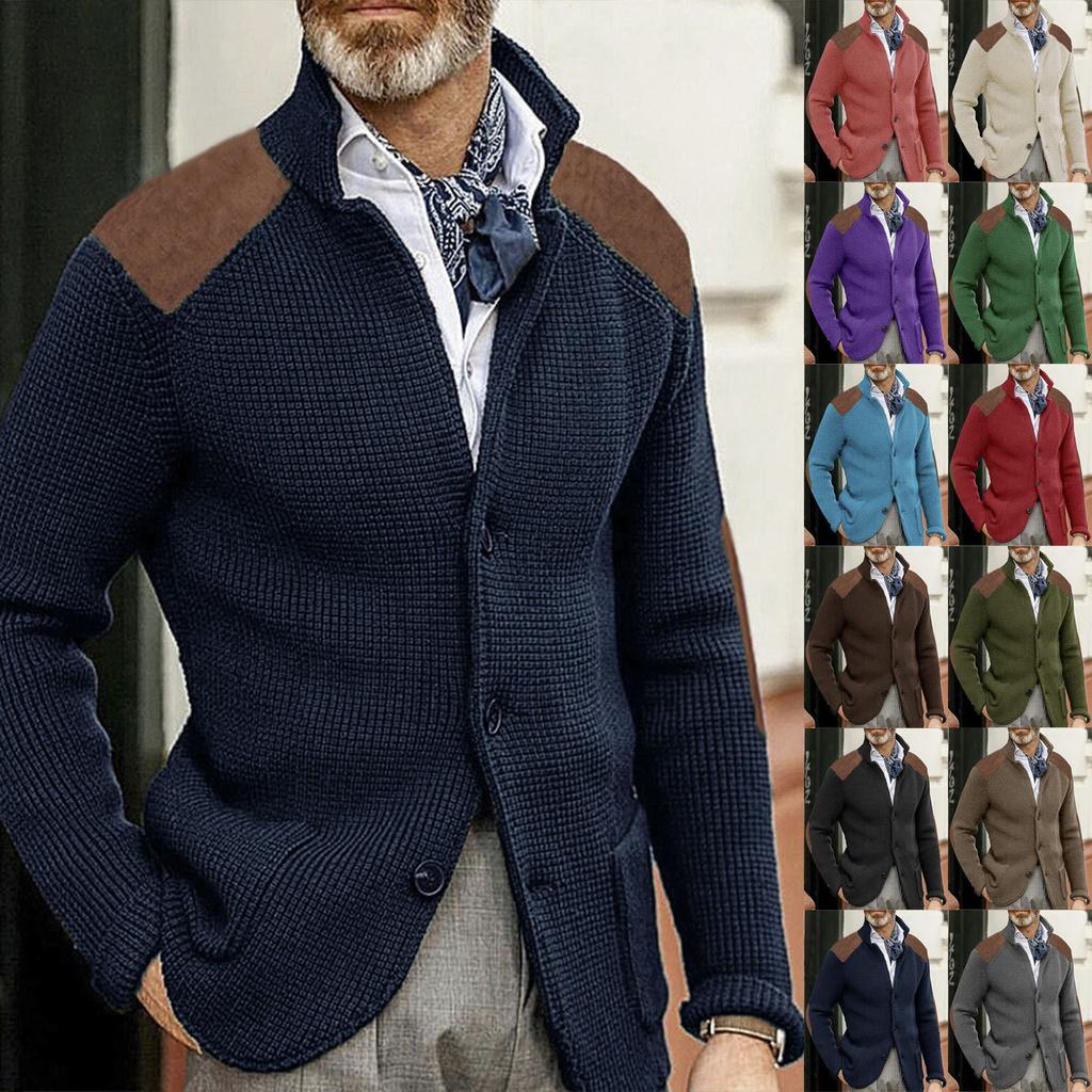 Men's Cardigan Color-Blocked Slim-Fit Stand-Collar Long-Sleeve Knitted Outerwear