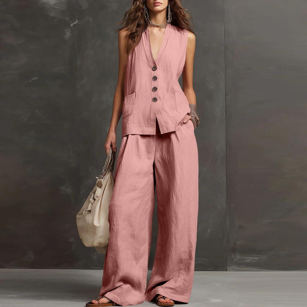 Fashionable And Sexy Women's Spring And Summer Retro Elastic Waist Strap Linen Suit Women's Fashion Color Casual Two-piece Set