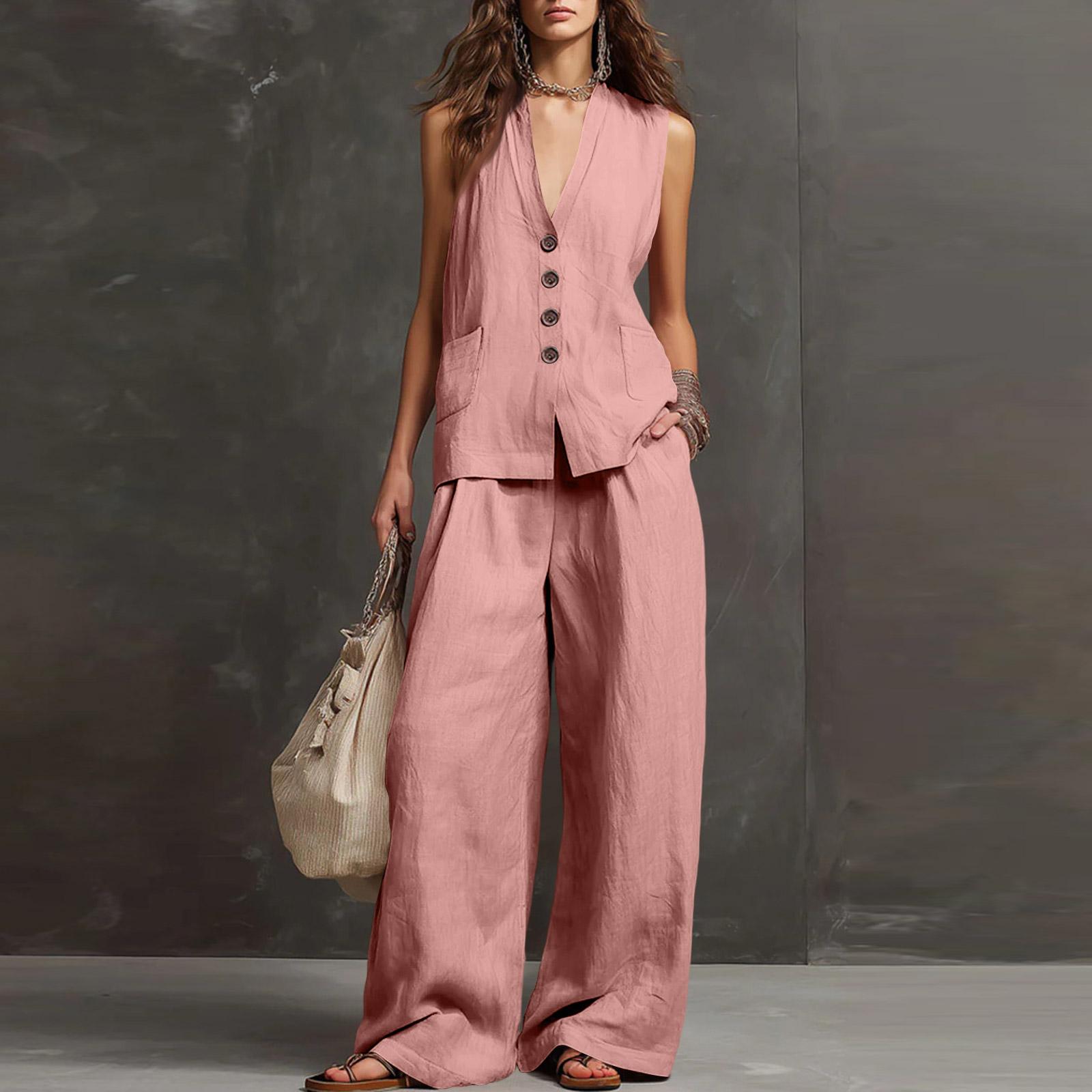

Women’s Two Piece Sleeveless Vest and Wide Leg Pants Set Button Front Relaxed Fit Lightweight Fabric for Daily Wear Office Travel M рожевий