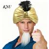 Gold Satin Carnival Headpiece Unisex Arab India Turban Hat, Golden Sultan Hat with Gem And Versatile Role Play Headgear Feather, Novelty Easter