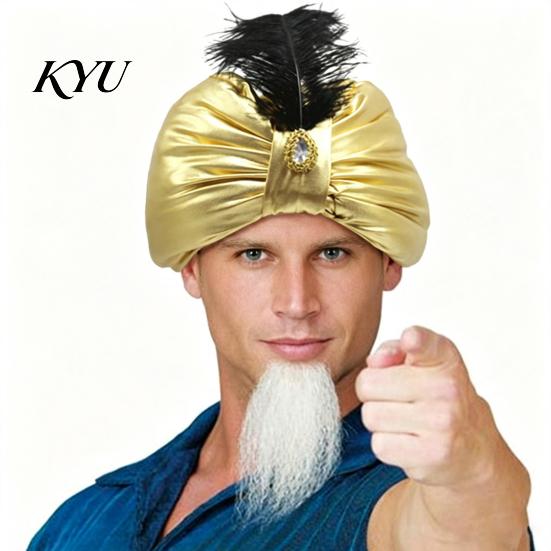 Gold Satin Carnival Headpiece Unisex Arab India Turban Hat, Golden Sultan Hat with Gem And Versatile Role Play Headgear Feather, Novelty Easter