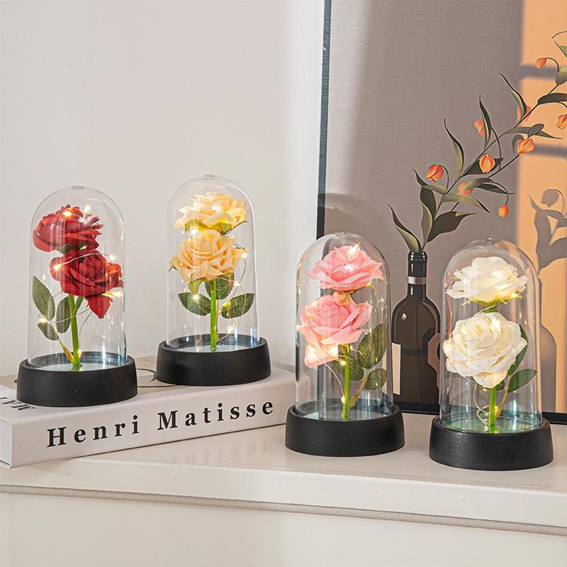 Artificial Rose Flowers In A Flask With Led Light Glowing Galaxy Eternal Rose In Glass Cover Valentine'S Day Gifts