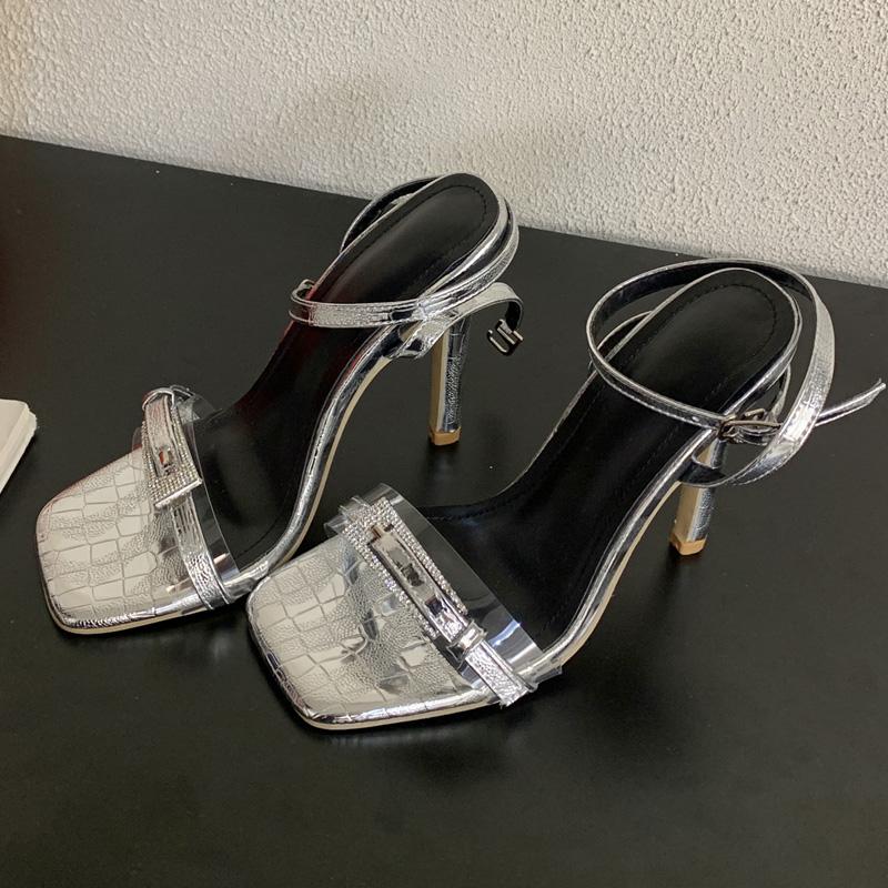 Fashion Eilyken New Sexy PVC Transparent Crystal Square Toe Women Sandals Elegant Buckle Strap Banquet Thin High Heels Shoes