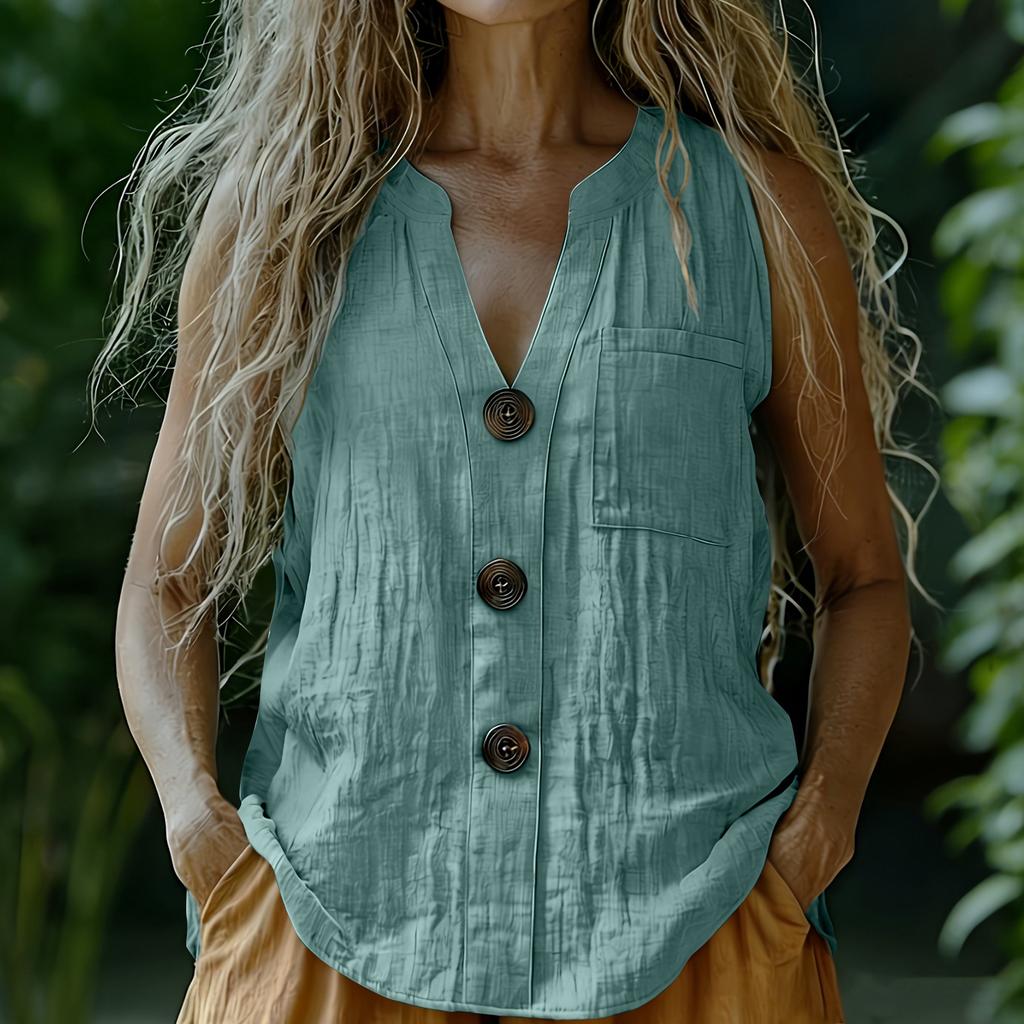 Sleeveless V Neck Button Front Casual Top Linen Cotton Blend Summer Shirt Lightweight Breathable Fabric Comfortable Fit