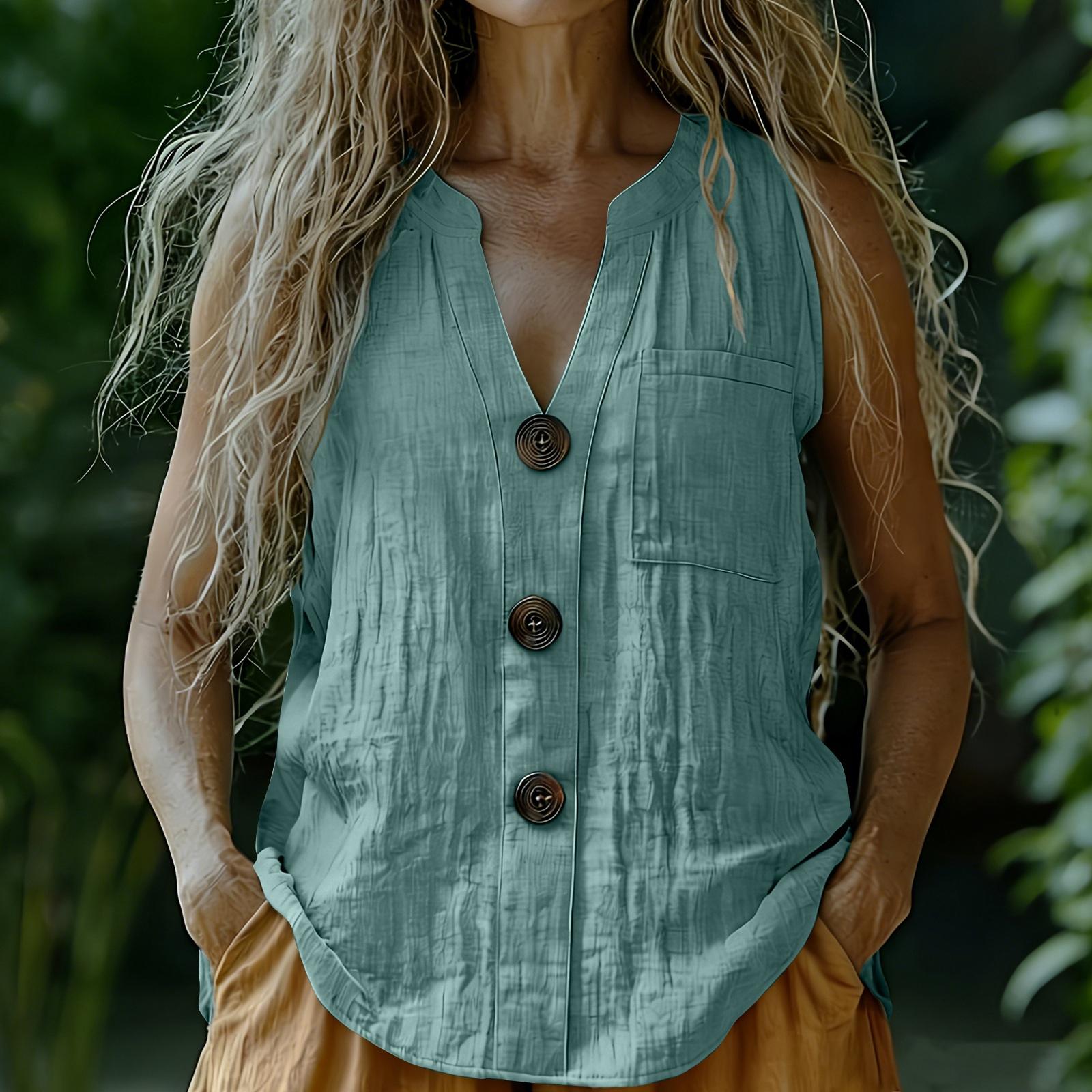 

Women s Color Loose Casual Cotton Linen V-neck Fashionable Mid Sleeved Shirt Top L синий
