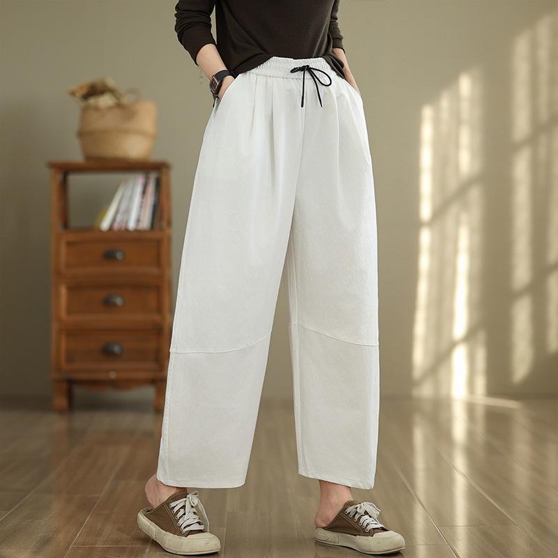 2025 Summer New Korean Version of Temperament Cotton Nine-point Casual Pants Women's Hip Covering and Thin Solid Color Elastic Waist Wide-leg Pants