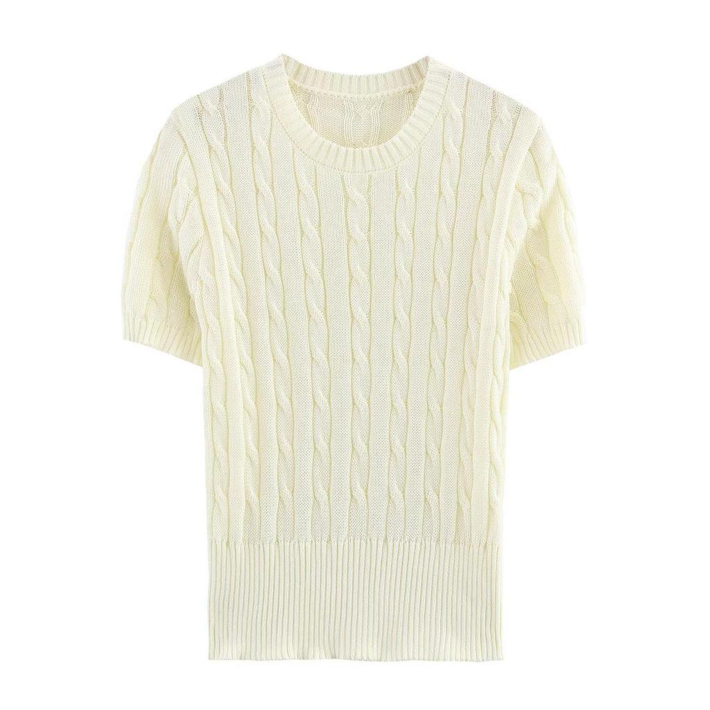 Spring 2025 Women's European-American Style Eight-Strand Braid Knit Top - Slimming, Short Sleeve, Round Neck