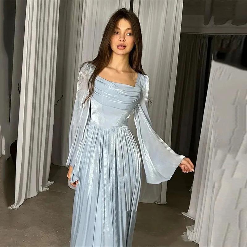 Vestido plisado de cintura alta con cuello cuadrado para mujer, elegante, estilo retro, corte, manga larga, primavera y verano 2025