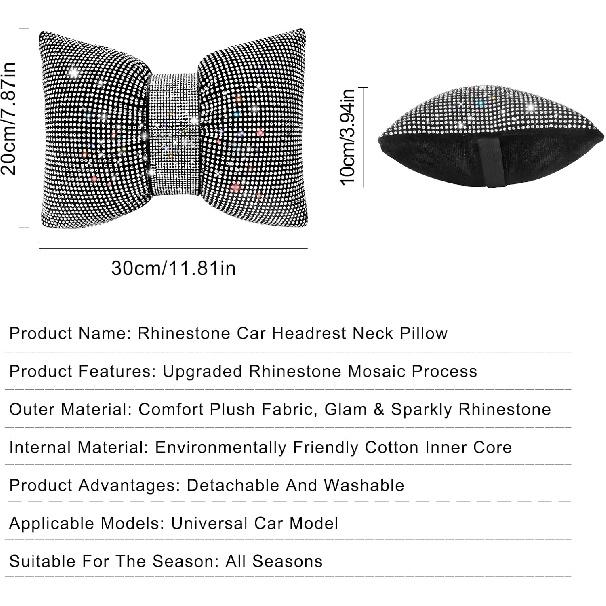 Surpassme 2PCS Rhinestone Car Headrest Neck Pillow For Driving With Bling Bling Crystal Bow Pillow Car Accessories For Women (Silver/White)