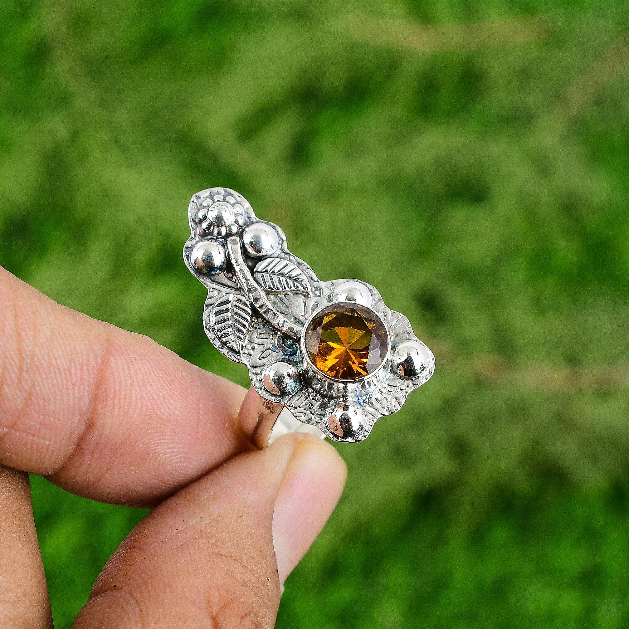 

Round Citrine Stone 925 Silver Wedding Bezel Sister Flower Trendy Ring Jewelry Adjustable