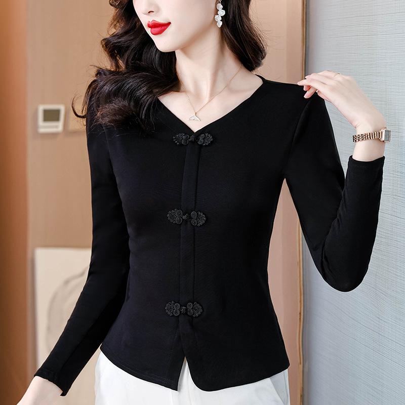 

Женская осенняя одежда, новая футболка с V-образным вырезом в китайском стиле с длинными рукавами для женщин, облегающая посадка и нестандартный модный верх 3XL чёрный