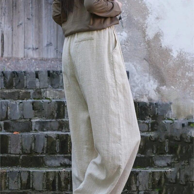 Johnature Women Vintage Straight Pants Elastic Waist Autumn Trouser Solid Color Loose Casual Women Long Pants